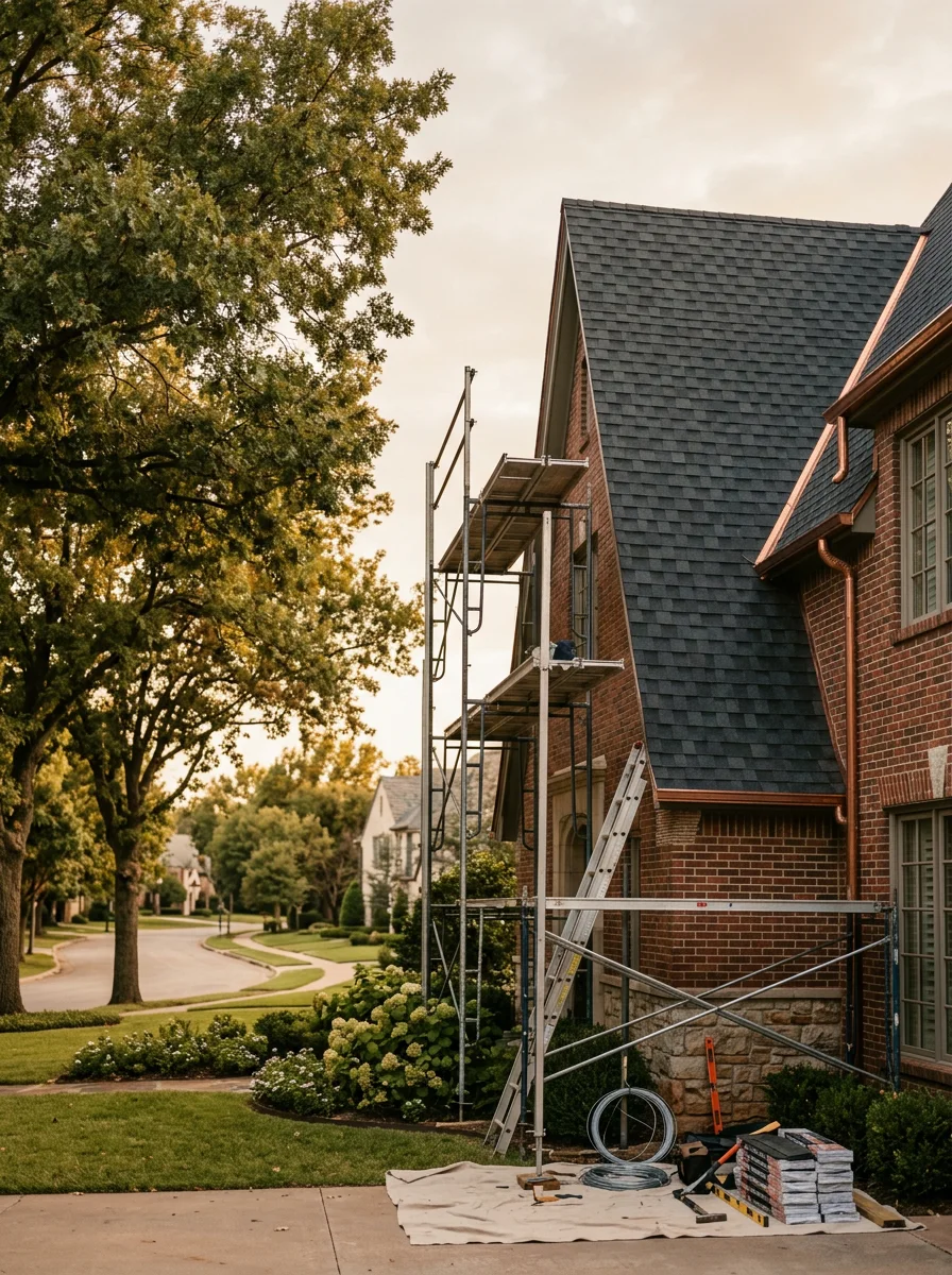 Professional roofing contractor working on high-end home in Nichols Hills, Oklahoma