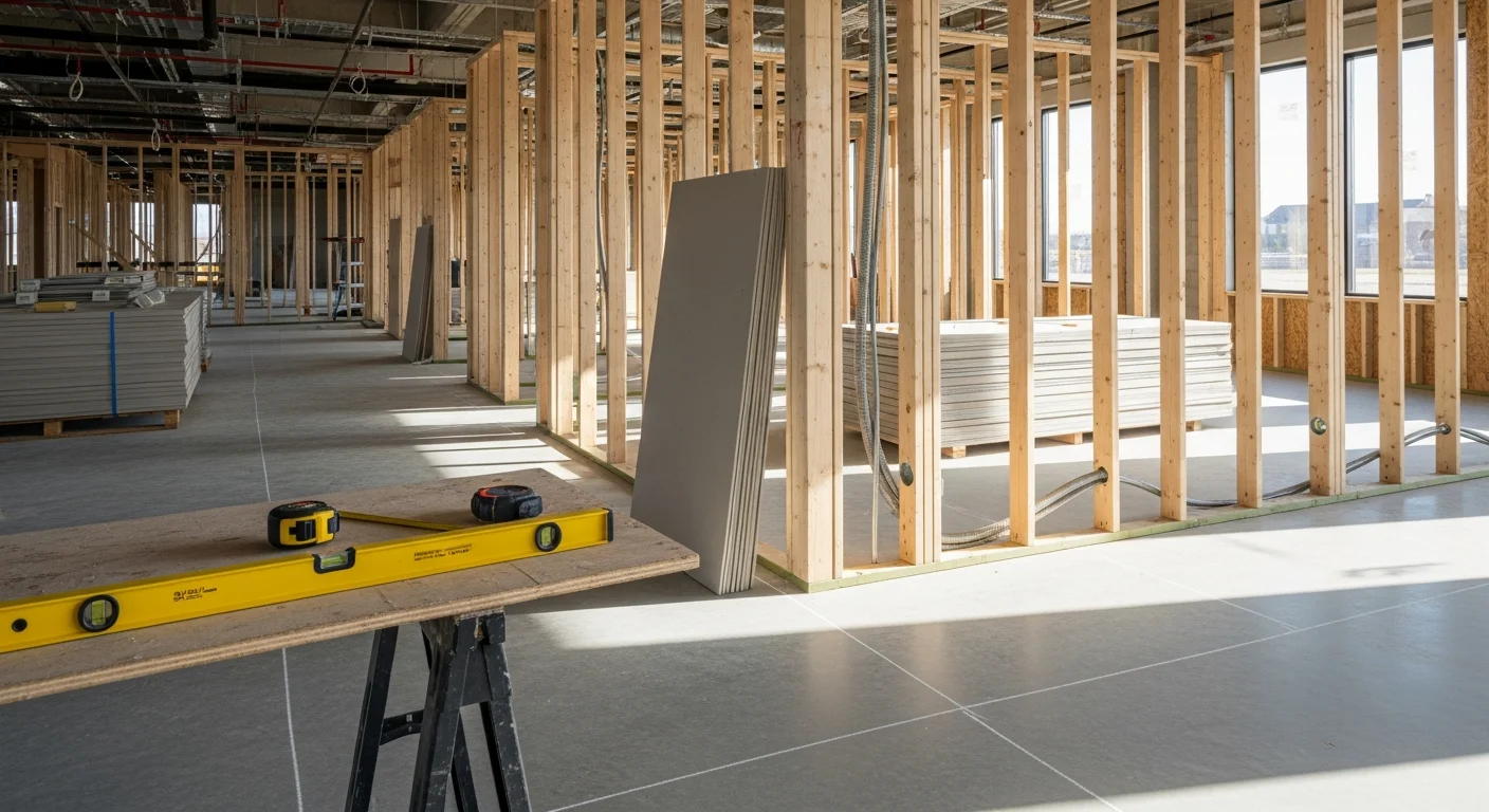 Interior of a commercial buildout in progress in Newcastle, showing new metal stud framing, drywall installation, and open ceiling grid in a retail shell space. ScissorTail Roofing & Construction crew working on finish framing inside a Newcastle commercial building.