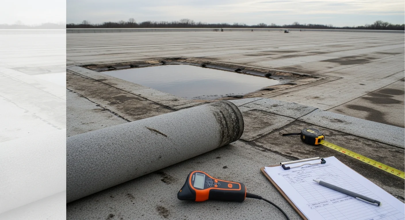 A commercial flat roof on a multi-unit building in Newcastle being inspected by a roofing contractor, showing membrane surface, drainage points, and perimeter flashing in detail. ScissorTail Roofing & Construction crew assessing roof condition during a pre-repair survey.