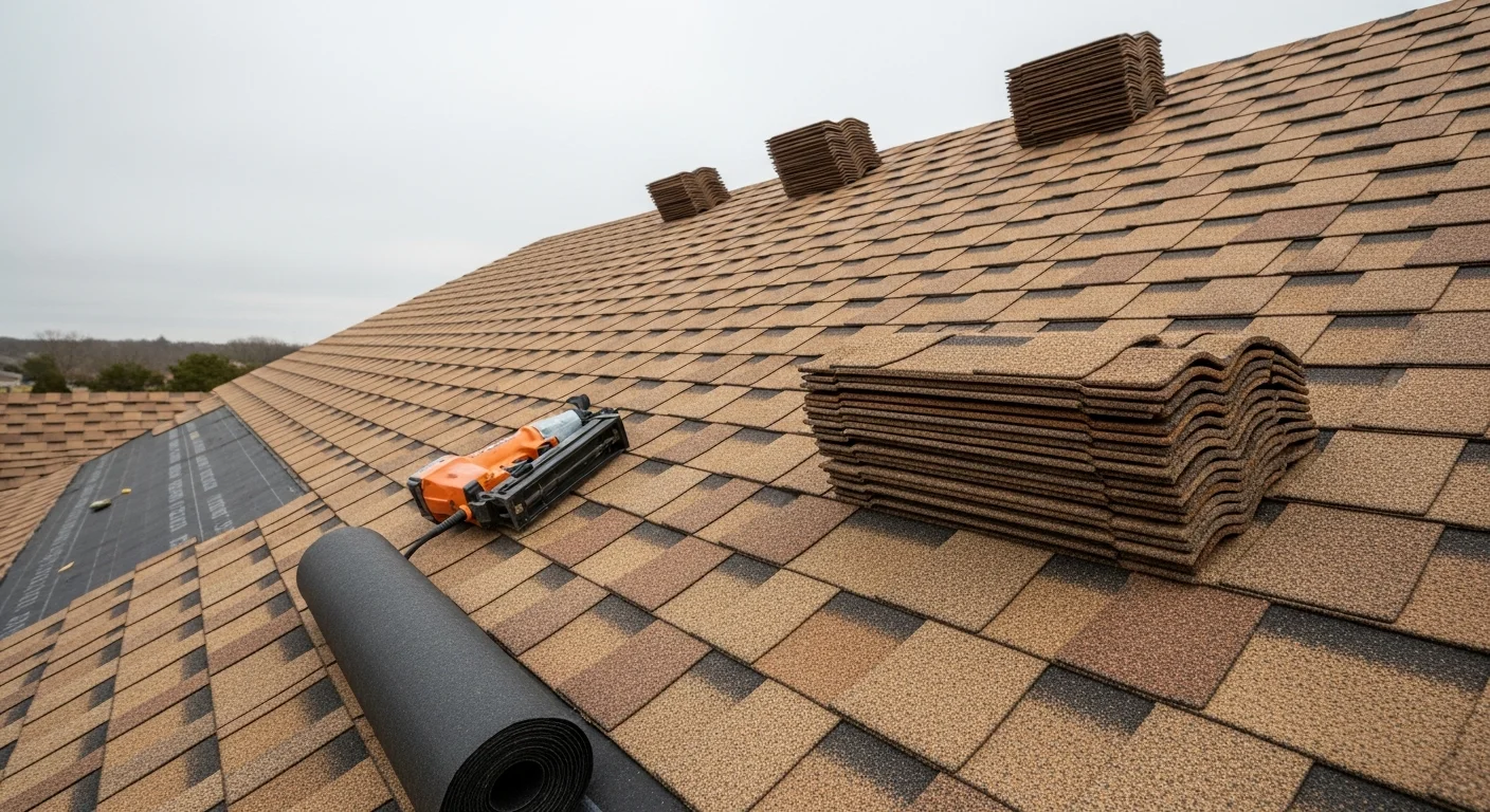 A completed new roof installation on a residential home in Newcastle, showing clean roofing material, finished ridge line, and properly sealed flashing around roof penetrations. ScissorTail Roofing & Construction crew visible on the finished slope during final inspection.