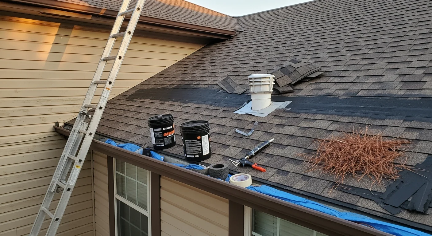 A ScissorTail Roofing & Construction crew member inspecting and clearing debris from a residential roof in Newcastle. The image shows a clean roofline with cleared gutters and checked flashing on a single-story home.