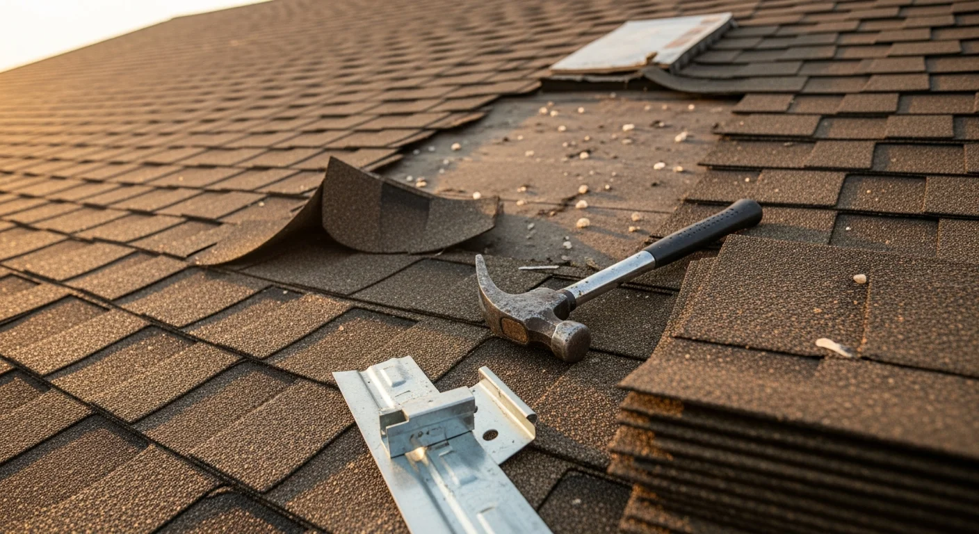 A residential roof in Newcastle, Oklahoma showing completed shingle repair after hail damage, with uniform new shingles blending into the existing roofline. A ScissorTail Roofing & Construction crew member inspects the finished repair from the rooftop.