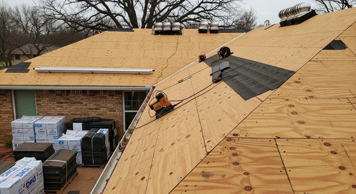 A completed roof replacement on a residential home in Newcastle, showing new shingles, clean ridge lines, and finished flashing around the chimney. The surrounding neighborhood is visible in the background under partly cloudy skies.