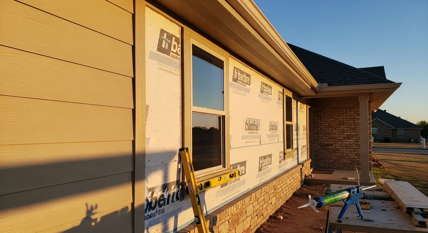 Freshly installed siding on a single-family home in Newcastle, Oklahoma, with clean panel lines, finished trim, and a clear view of the exterior wall from the front yard. The home sits on a residential lot typical of the Newcastle area southwest of Oklahoma City.