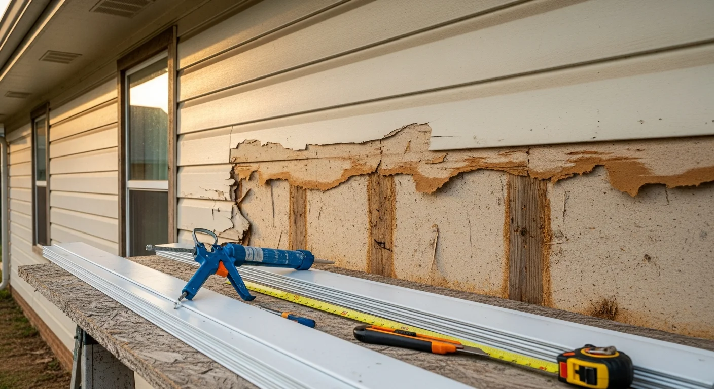 Close-up view of a residential siding repair in progress on a Newcastle home, showing a contractor replacing warped exterior panels on a hillside property. Repaired sections sit flush against undamaged siding with fresh caulk applied along the seams.