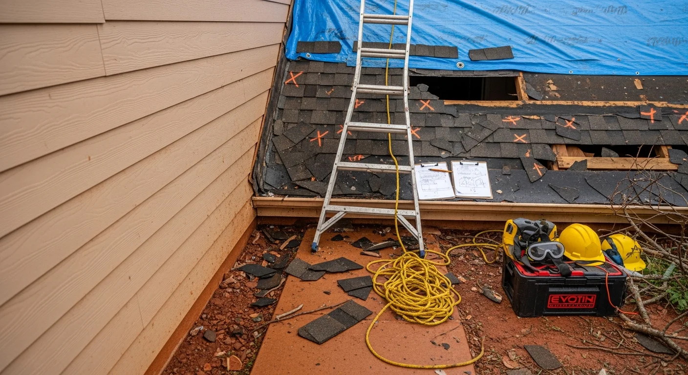 A Newcastle, Oklahoma home with storm-damaged roofing and siding being assessed by a ScissorTail Roofing & Construction crew after a severe hailstorm. Close-up view shows impact damage to roof decking with repair materials staged on site.