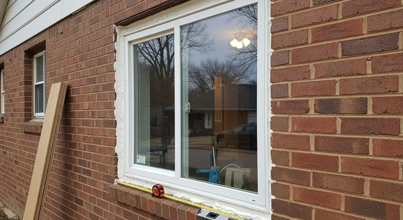 A newly installed replacement window on a single-story residential home in Newcastle, Oklahoma, with clean exterior trim and a tight frame seal visible against the brick facade. The surrounding yard reflects a typical McClain County residential property with open sky in the background.